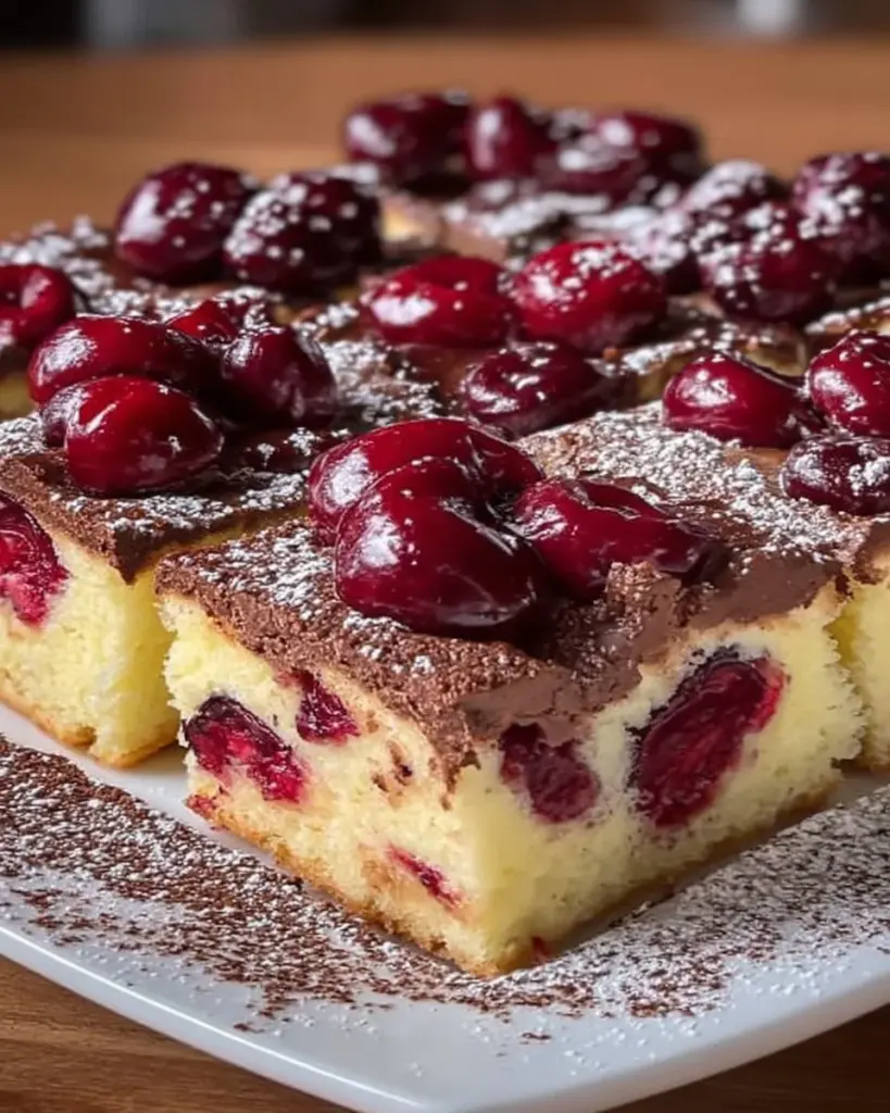 Saftiger Blechkuchen mit Kirschen auf einem Blech, frisch gebacken.