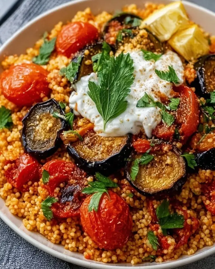 Bulgur mit Tomaten, Auberginen und Joghurt in einer schönen Schale serviert