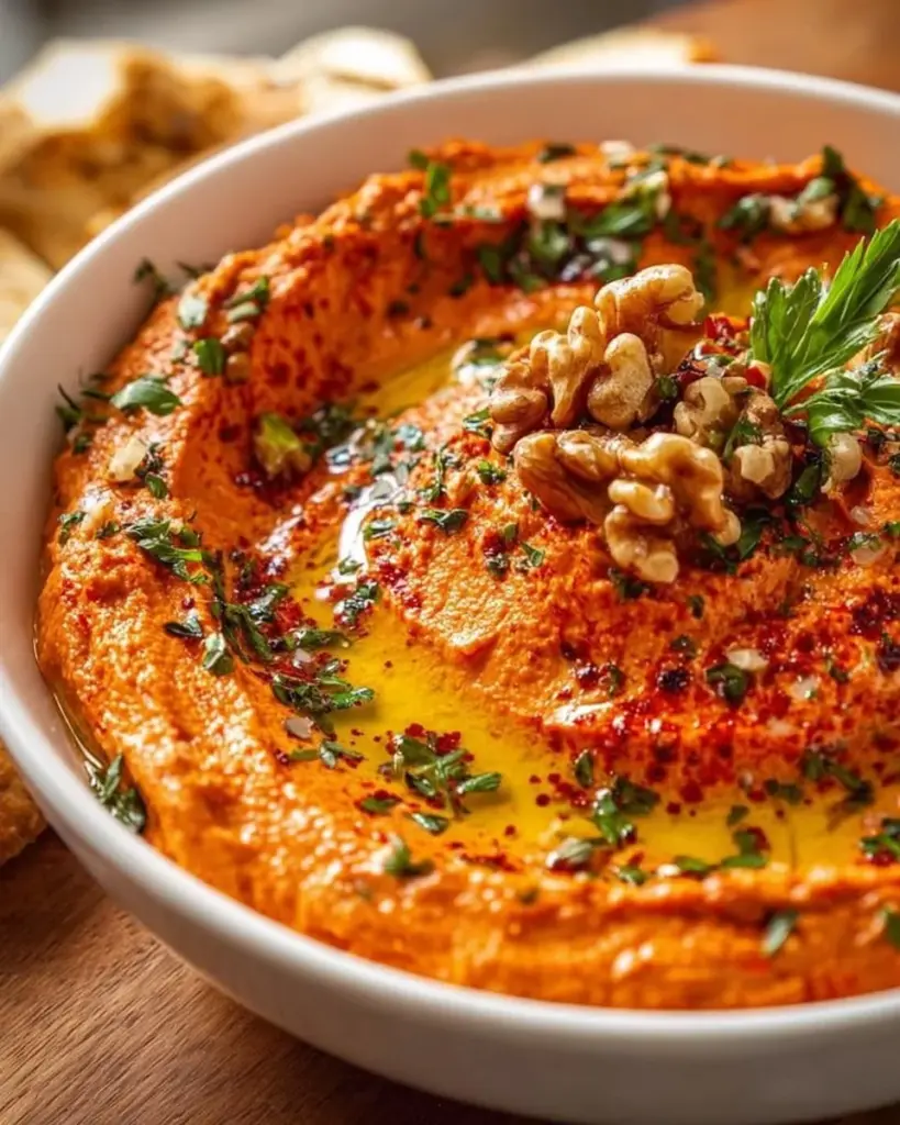 Cremiger Rote Paprika Walnuss Dip in einer Schale serviert