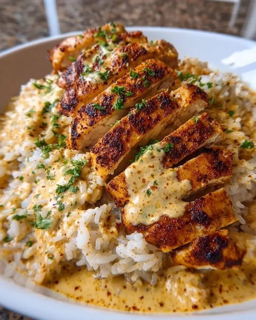 Cremiges Cajun-Hühnchen mit Reis auf einem weißen Teller serviert.