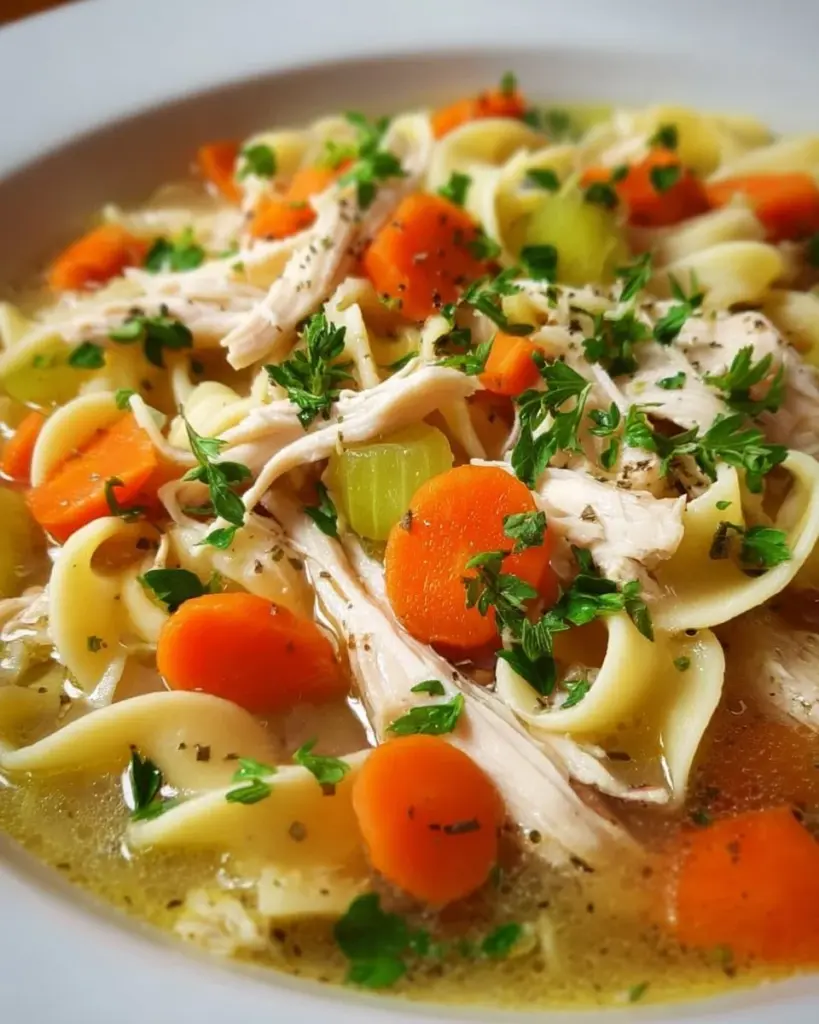Crock-Pot Hühner-Nudelsuppe in einer Schüssel mit frischen Kräutern