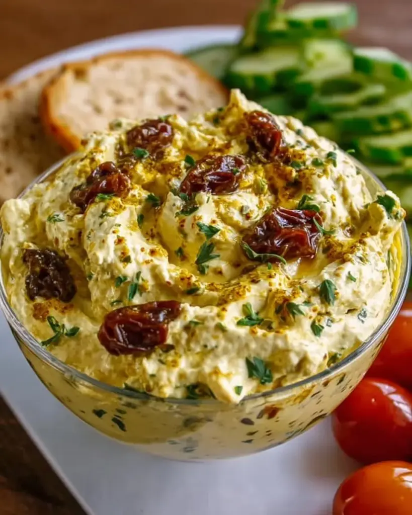 Curry-Date-Dip mit frischen Zutaten in einer Schüssel präsentiert.