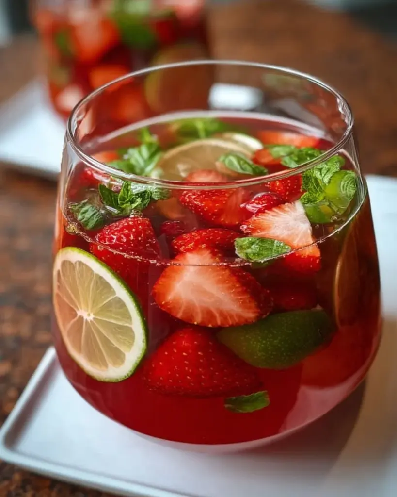 Erfrischende Erdbeerbowle im Glas mit frischen Erdbeeren und Minze