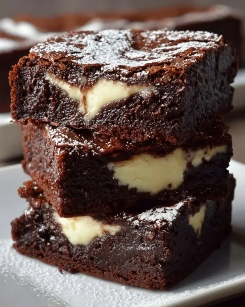 Frischkäse-Brownies auf einem Teller, dekoriert mit Schokoladensauce und Nüssen.