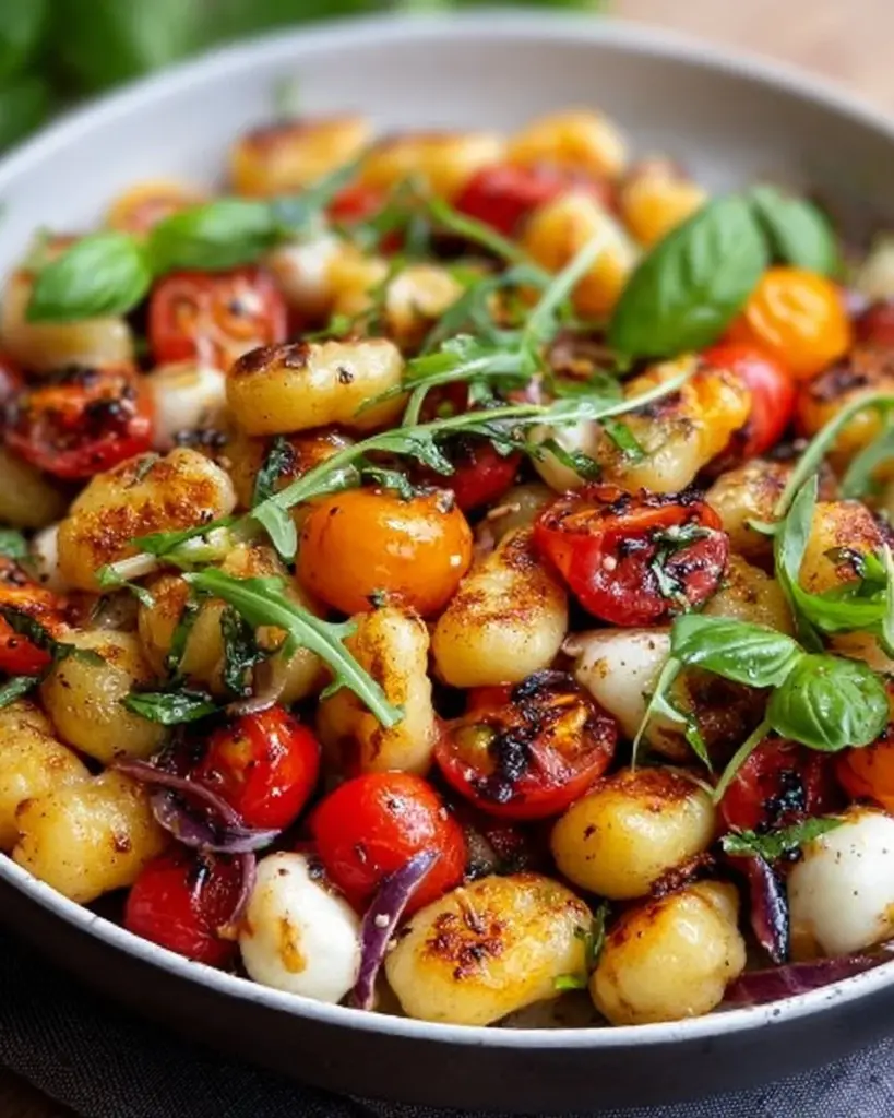 Gnocchi-Salat mit frischem Gemüse und Dressing auf einem Teller serviert.