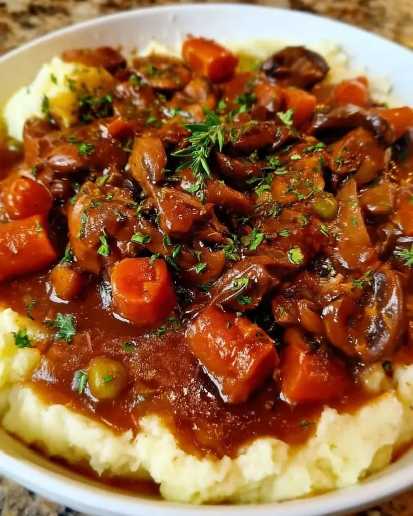 Herzhaftes Pilzgulasch serviert mit Kartoffelpüree in einer Schüssel.