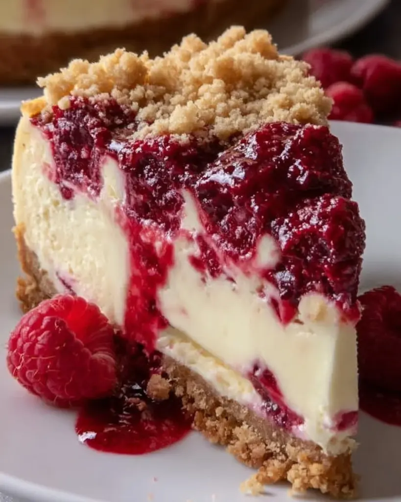 Leckerer Himbeer Käsekuchen mit Streuseln auf einem weißen Teller