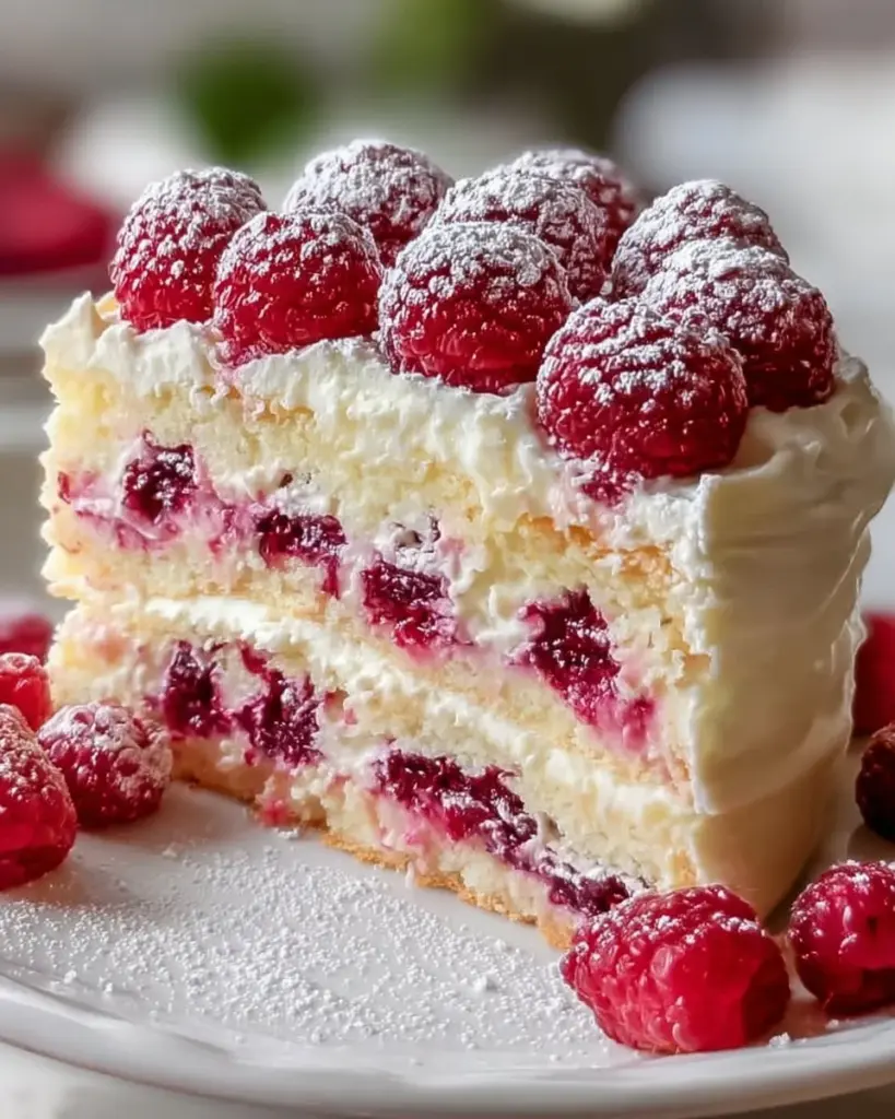 Himbeer-Raffaello-Torte mit frischen Himbeeren und Kokosnuss-Runner-Dekoration