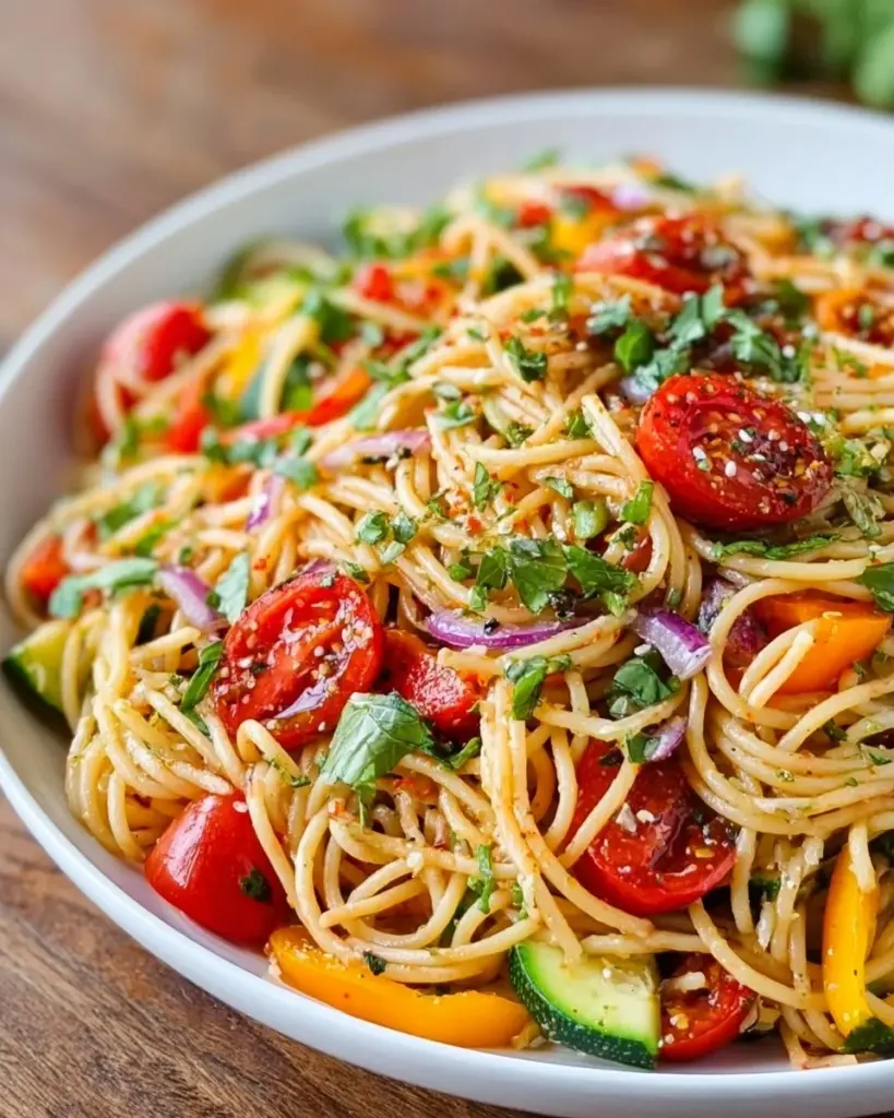 Kalifornischer Spaghetti-Salat mit frischem Gemüse und Dressing