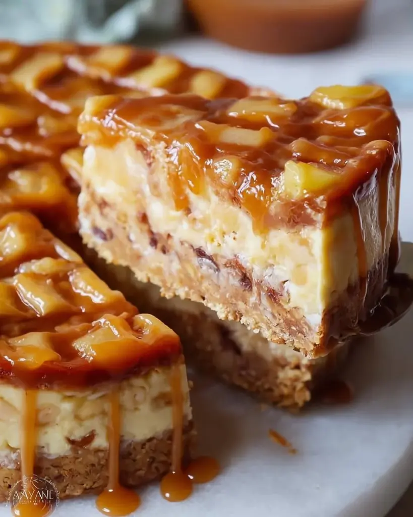Karamell-Apfel-Käsekuchen mit frischen Äpfeln und Karamellsoße auf einem Teller