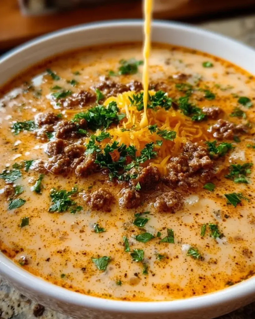 Käsesuppe mit Hackfleisch serviert in einer Schüssel