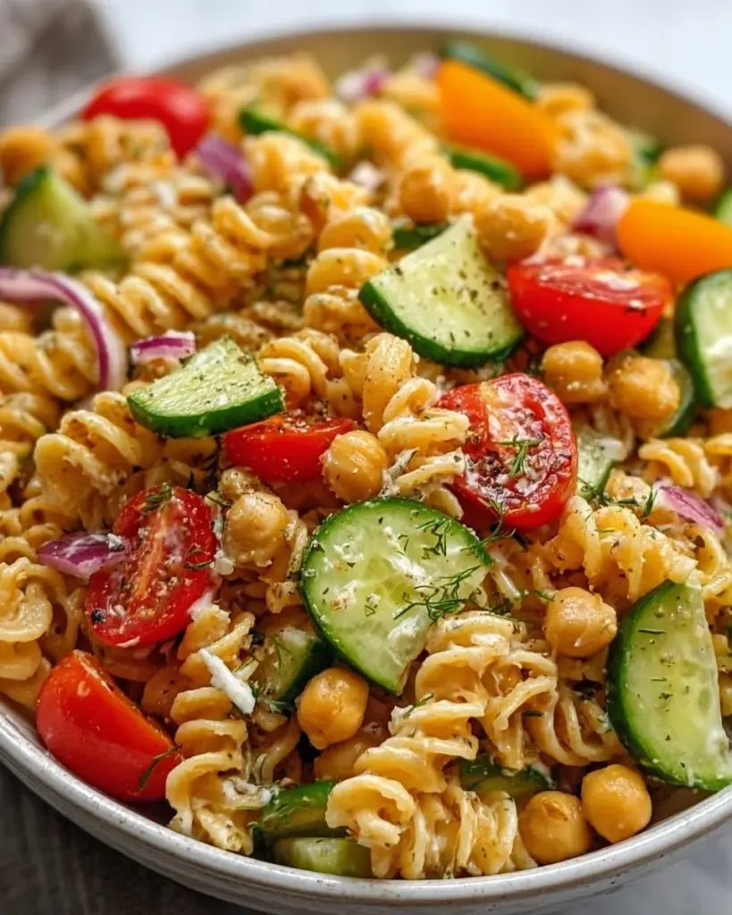 Leckerer Kichererbsen-Pasta-Salat mit frischen Zutaten und Dressing