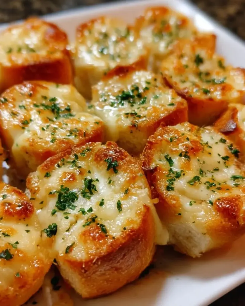 Knoblauch-Käse-Häppchen auf einem Teller, ideal für Partys und Snacks.