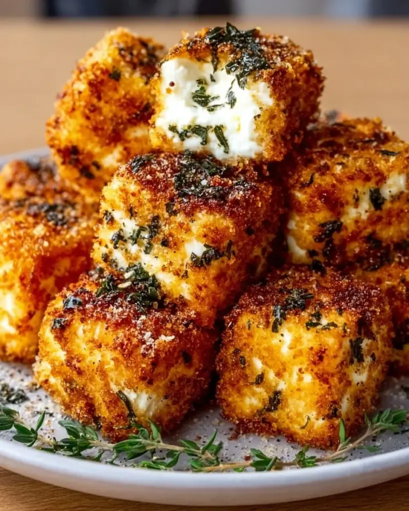 Knusprige Kräuter-Feta-Würfel auf einem weißen Teller serviert
