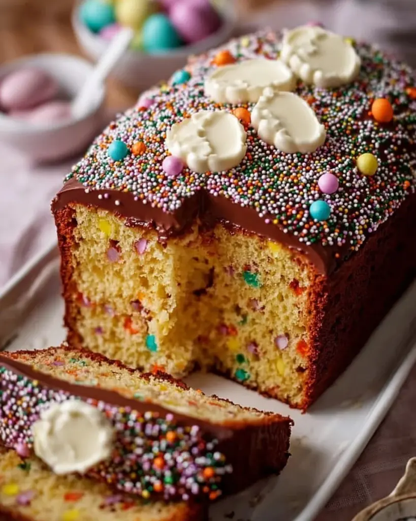 Kuchen mit bunten Streuseln auf einem Teller