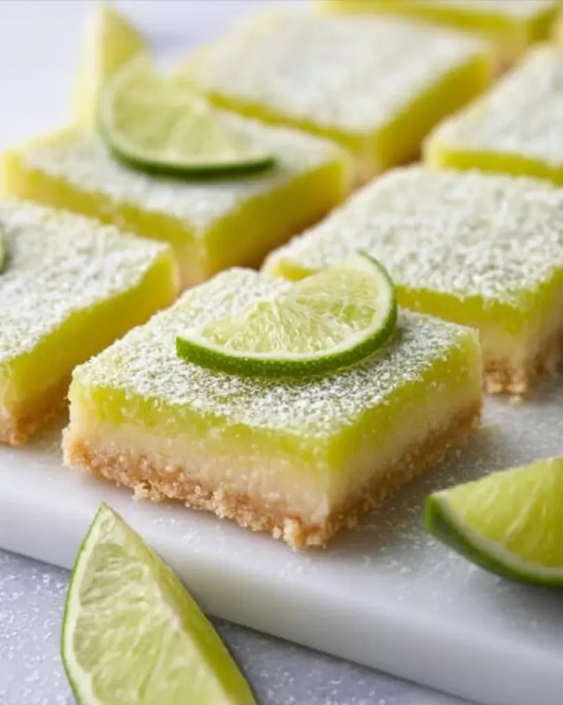 Leckere Limettenbars auf einem Mürbeteigboden serviert