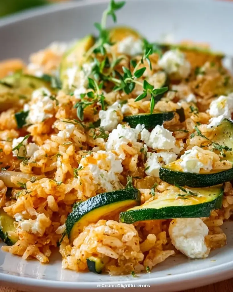 Mediterrane Zucchini-Reis-Pfanne mit Feta in einer Pfanne zubereitet