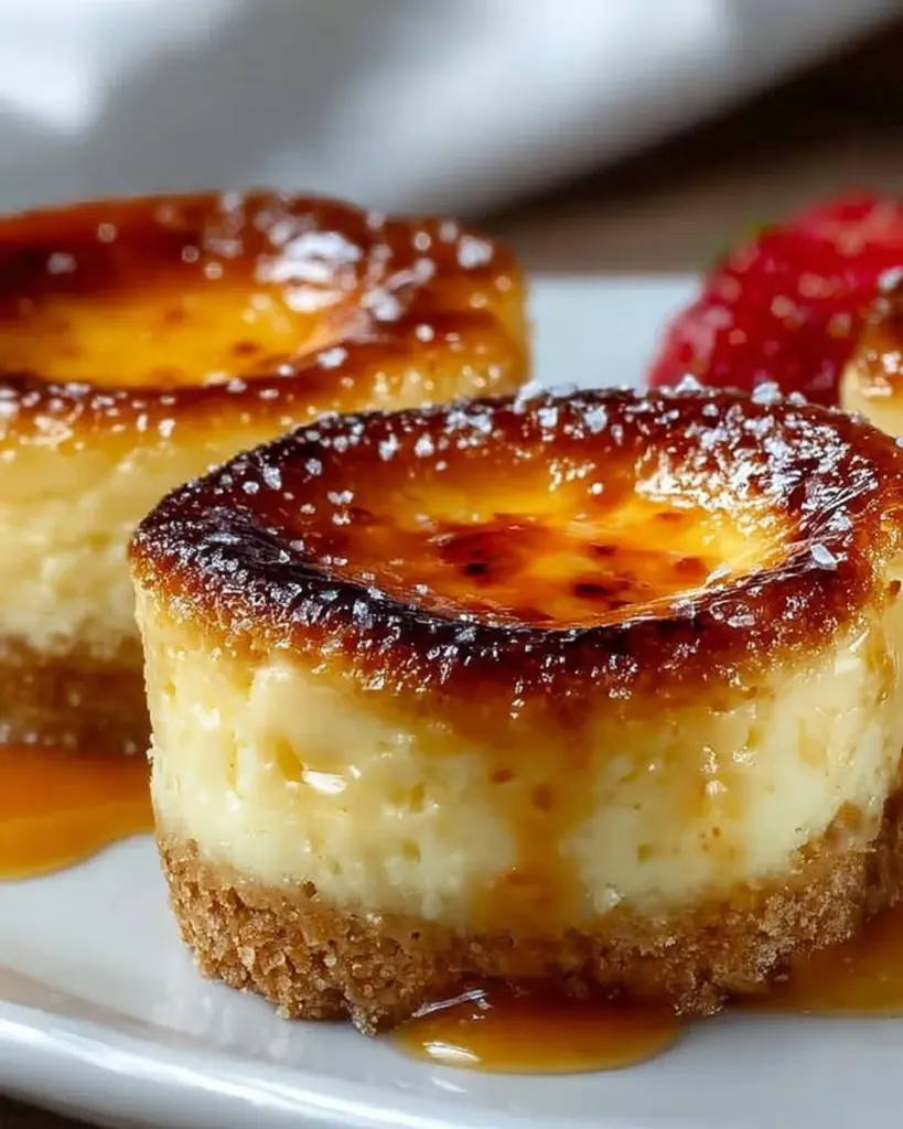 Mini Crème Brûlée Käsekuchen auf einem Teller, karamellisiert und köstlich