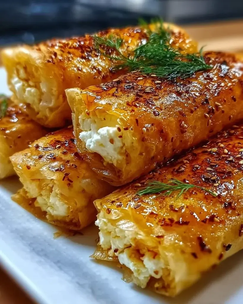 Ofen-frittierte Feta-Rollen mit Chili-Honig auf einem Teller serviert