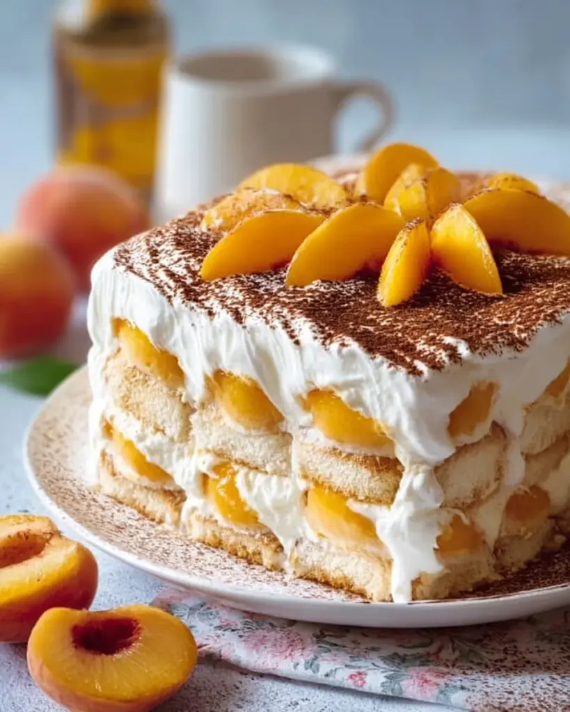 Pfirsich Tiramisu mit frischen Pfirsichen in einer eleganten Dessertschale
