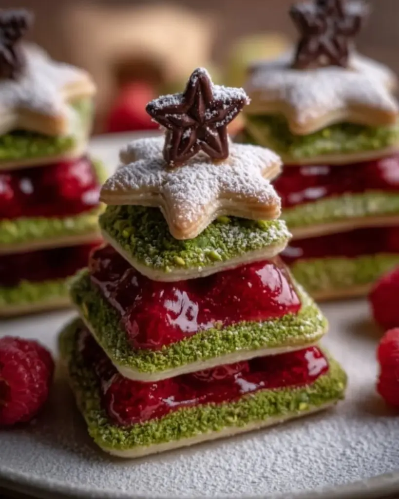 Pistazien-Weihnachtsbaum mit Himbeerfüllung auf einem festlichen Tisch
