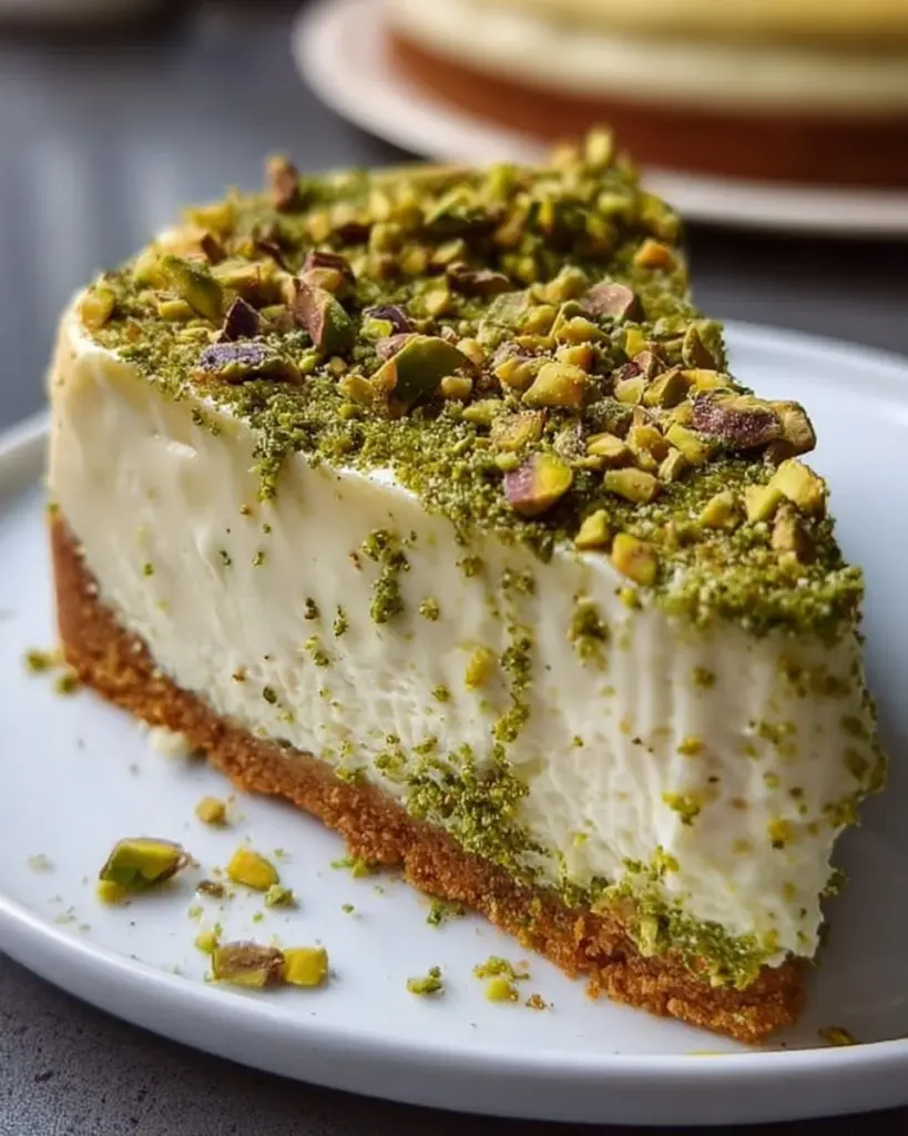 Leckerer Pistazien-Käsekuchen mit cremiger Käsefüllung und Pistazien-Topping