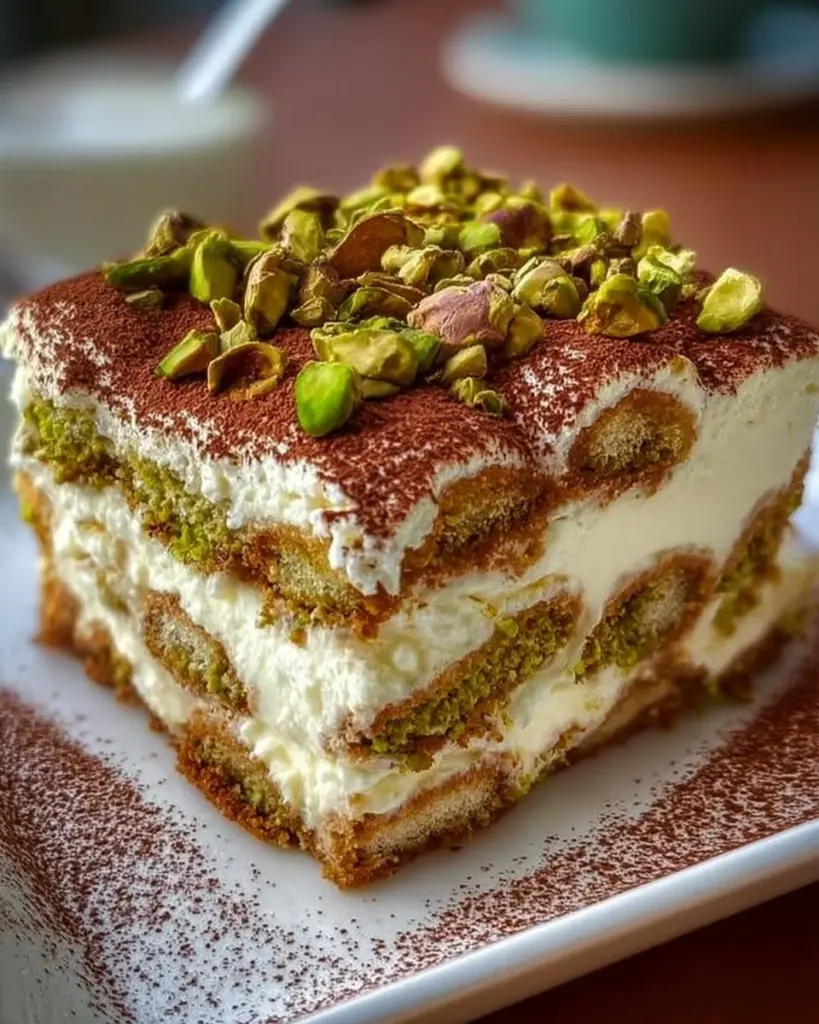 Pistazien-Tiramisu Dessert auf einem Teller, dekoriert mit gehackten Pistazien.