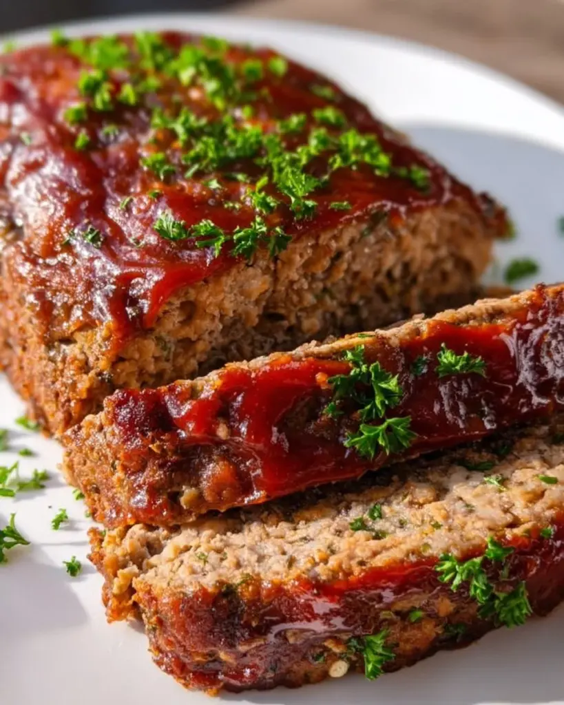 Saftiger Hackbraten aus dem Ofen auf einem Teller serviert