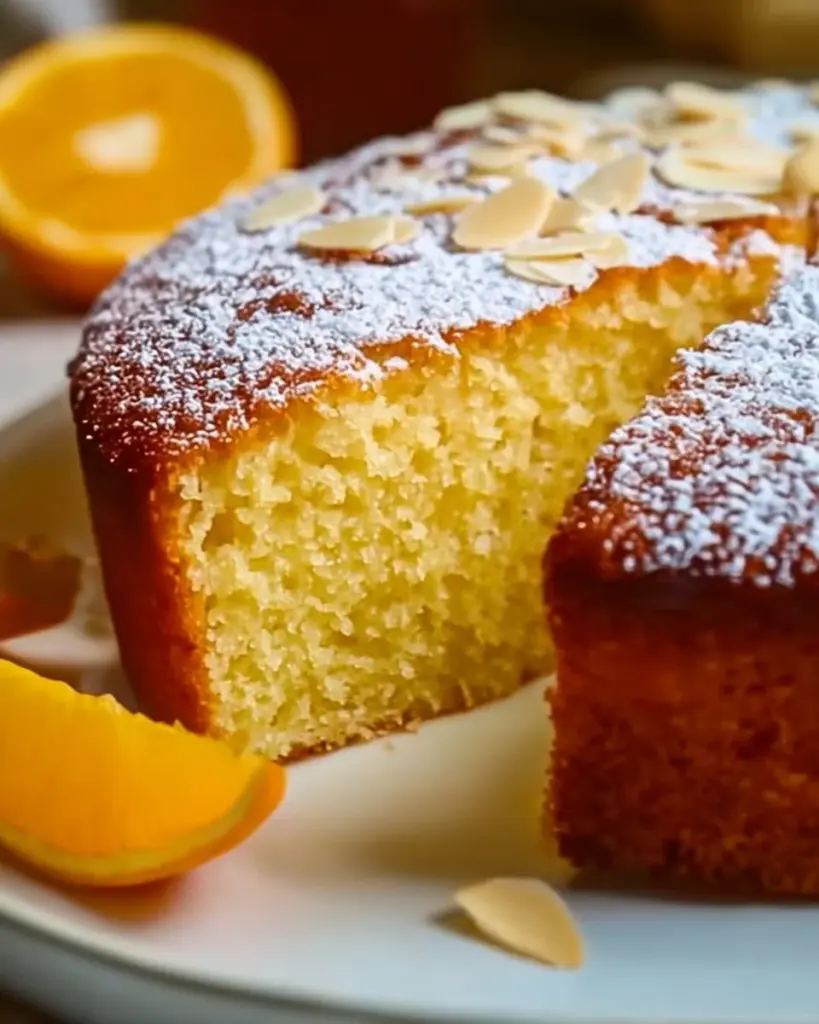 Spanischer Orangenkuchen ohne Mehl auf einem Teller serviert