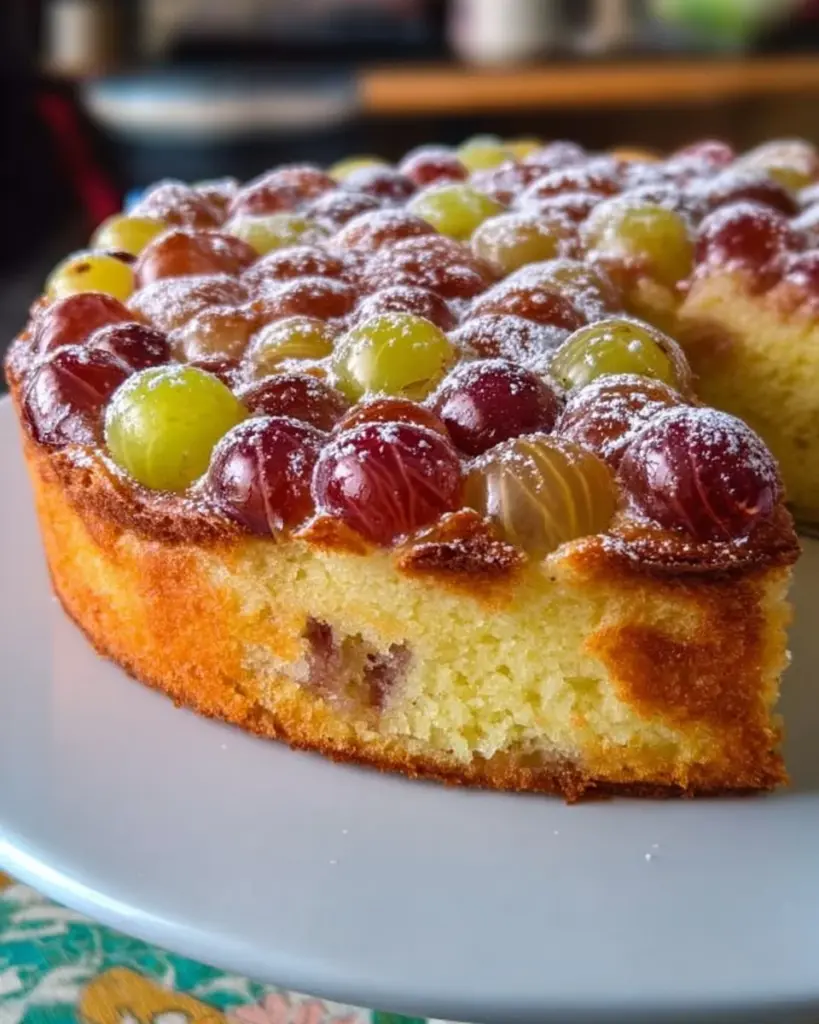 Stachelbeerkuchen nach Omas Art mit frischen Stachelbeeren auf einem Teller