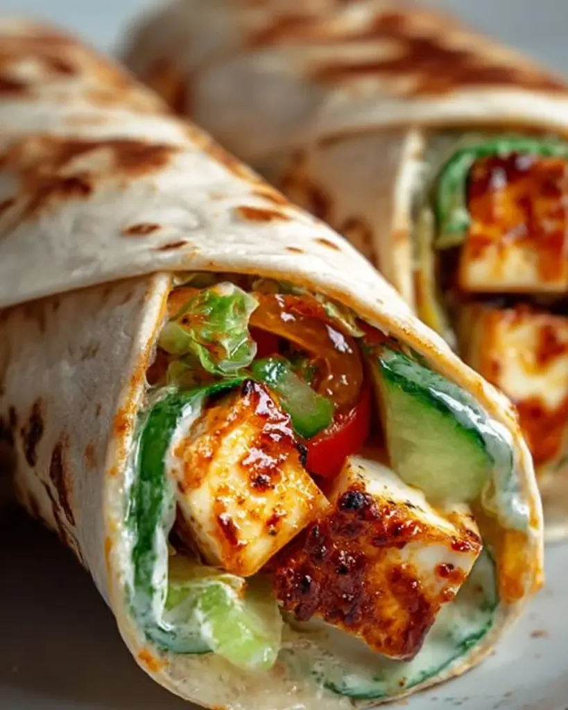 Süße Chili-Halloumi-Wraps auf einem Teller, serviert mit frischem Gemüse.