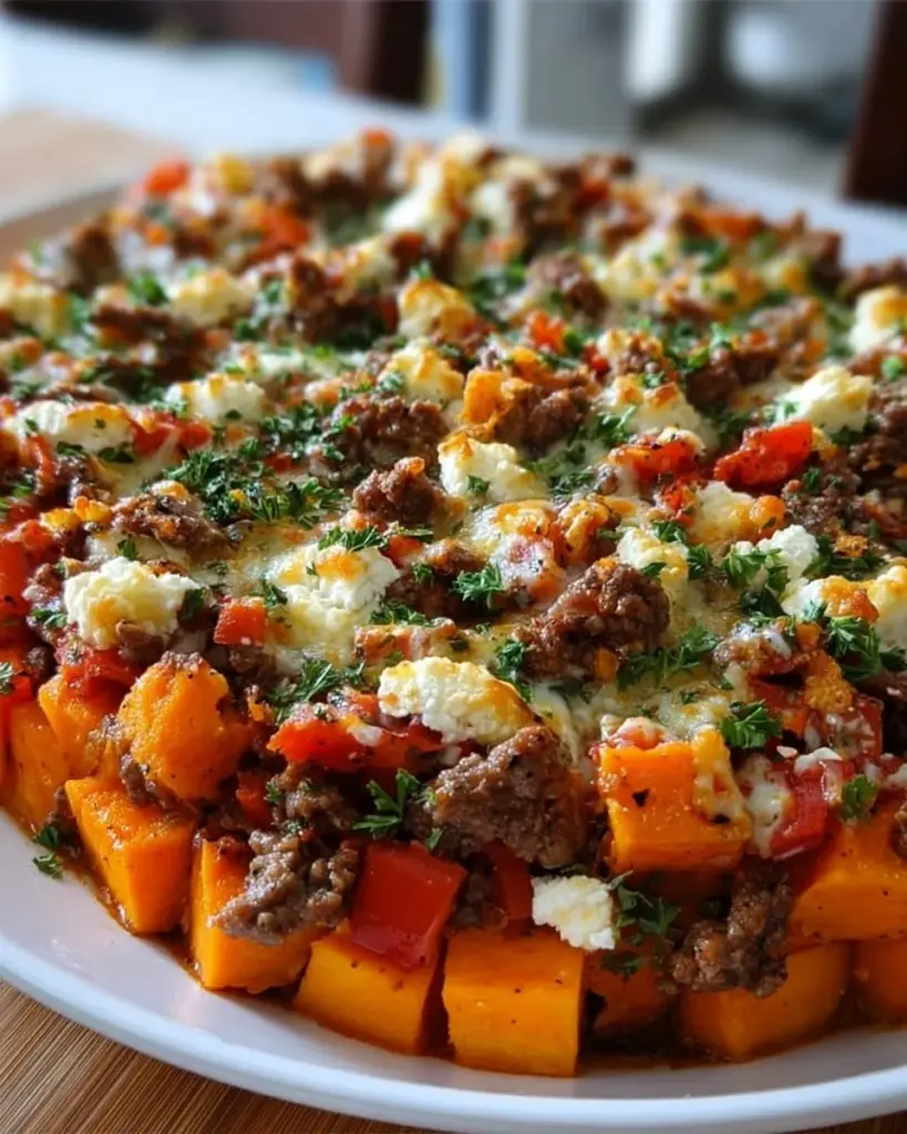 Süßkartoffel-Hackfleisch-Auflauf mit Feta im Ofen gebacken
