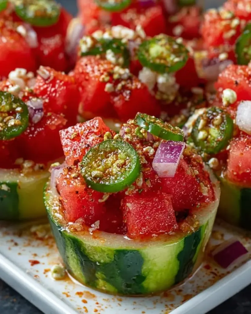 Wassermelonen-Tajín-Einlege-Crunch-Becher mit frischen Zutaten