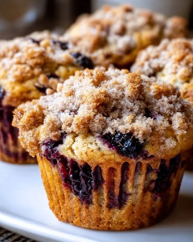 Weiche Brombeer-Muffins mit Streuseln auf einem Holzbrett
