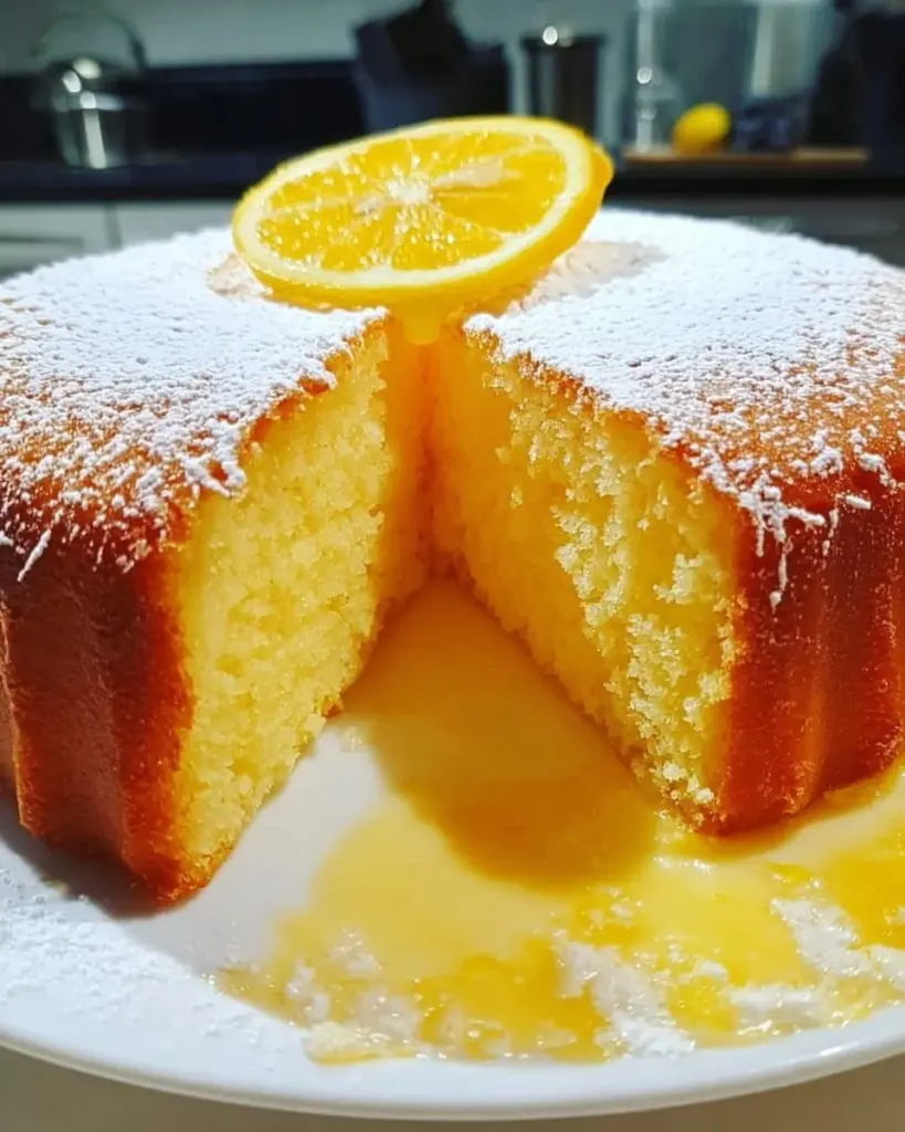 Saftiger Zitronenkuchen mit Zuckerglasur auf einem Holzbrett