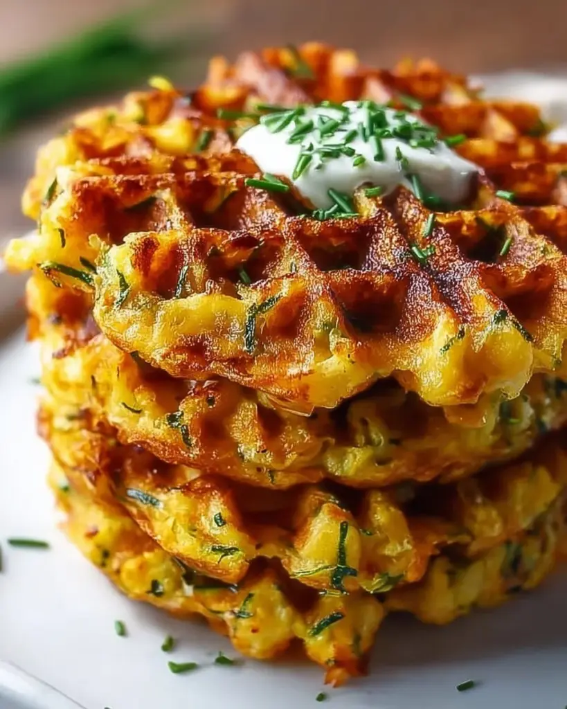 Zucchiniwaffeln mit Cheddar auf einem Teller serviert