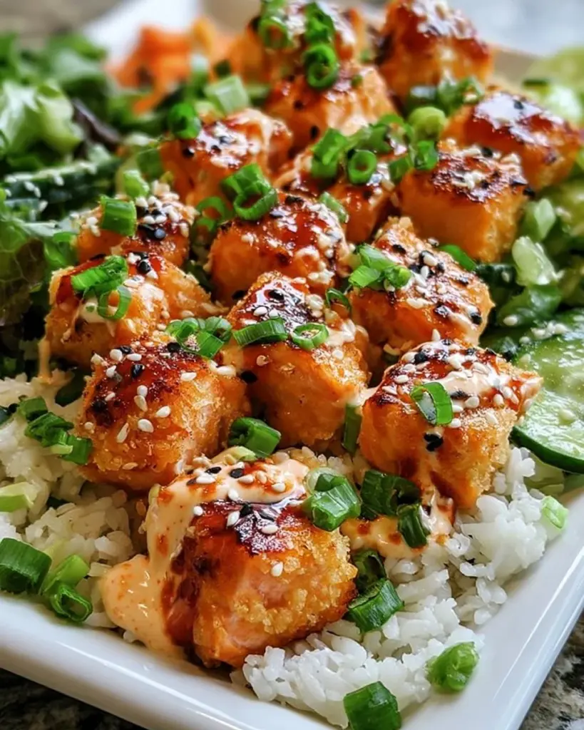 Air Fryer Bang Bang Lachs Bissen mit würziger Sauce auf einem Teller
