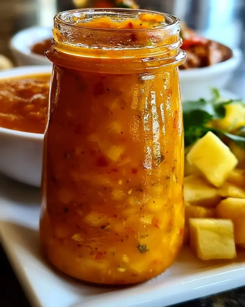 Ananas-Habanero-Scharfsoße in einem dekorativen Glas.