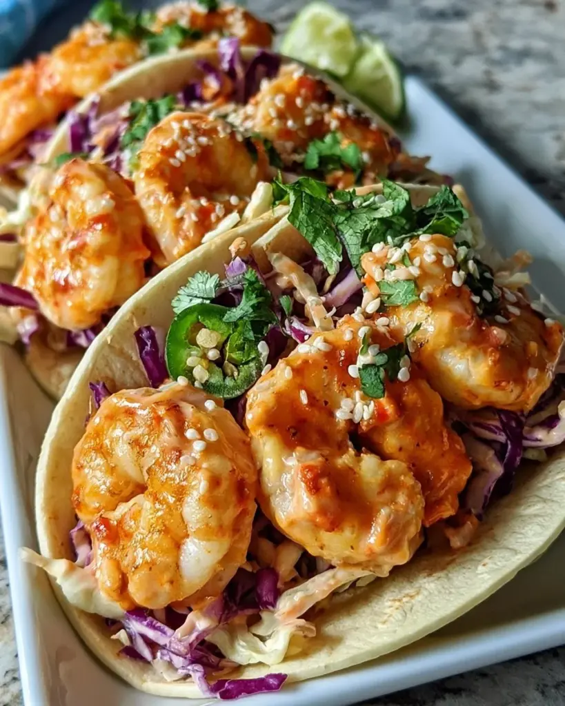 Bang Bang Garnelen Tacos mit frischen Zutaten und würziger Sauce