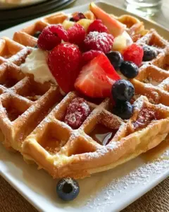 Leckere Belgische Waffeln mit Puderzucker und frischen Beeren.