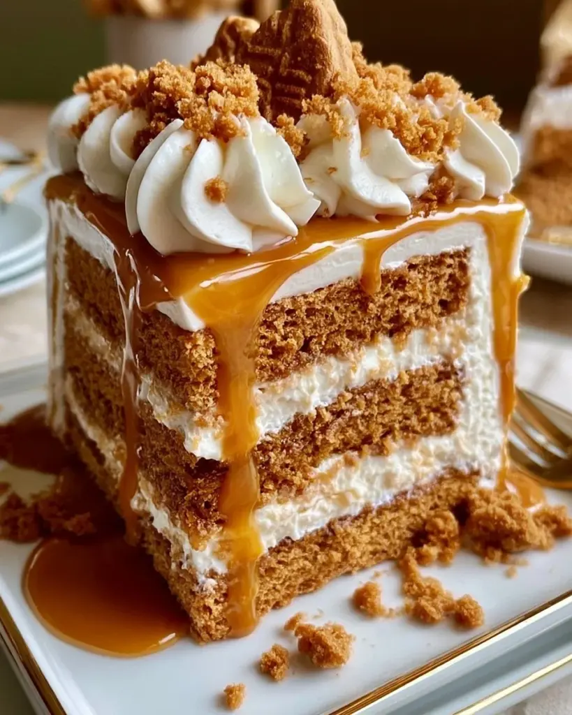Biscoff-Milchkuchen auf einem Teller mit Biscoff-Keksen dekoriert