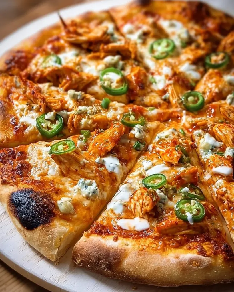 Buffalo-Hühnchen-Pizza mit würziger Soße und aromatischen Belägen