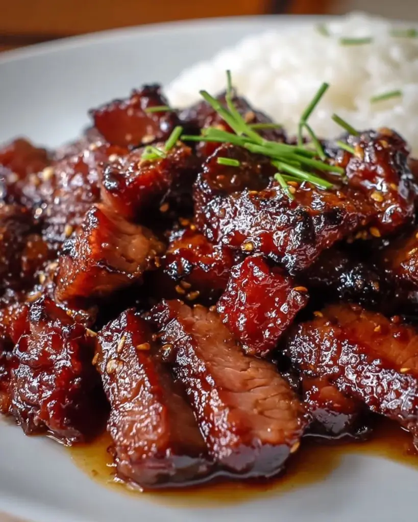 Umami-reiches Char Siu Rindfleisch auf einem Teller garniert mit Frühlingszwiebeln