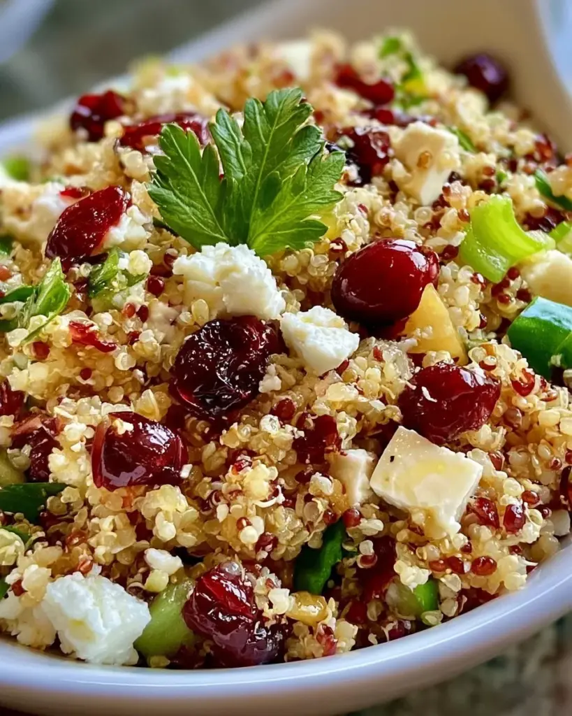Ein farbenfroher Cranberry-Quinoa-Feta-Salat auf einem Holzbrett.