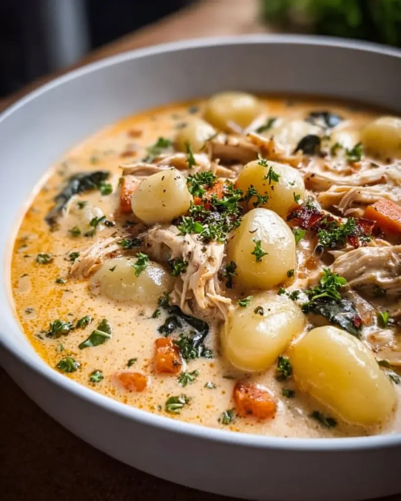 Cremige Hähnchen-Gnocchi-Suppe in einer weißen Schüssel mit frischem Gemüse
