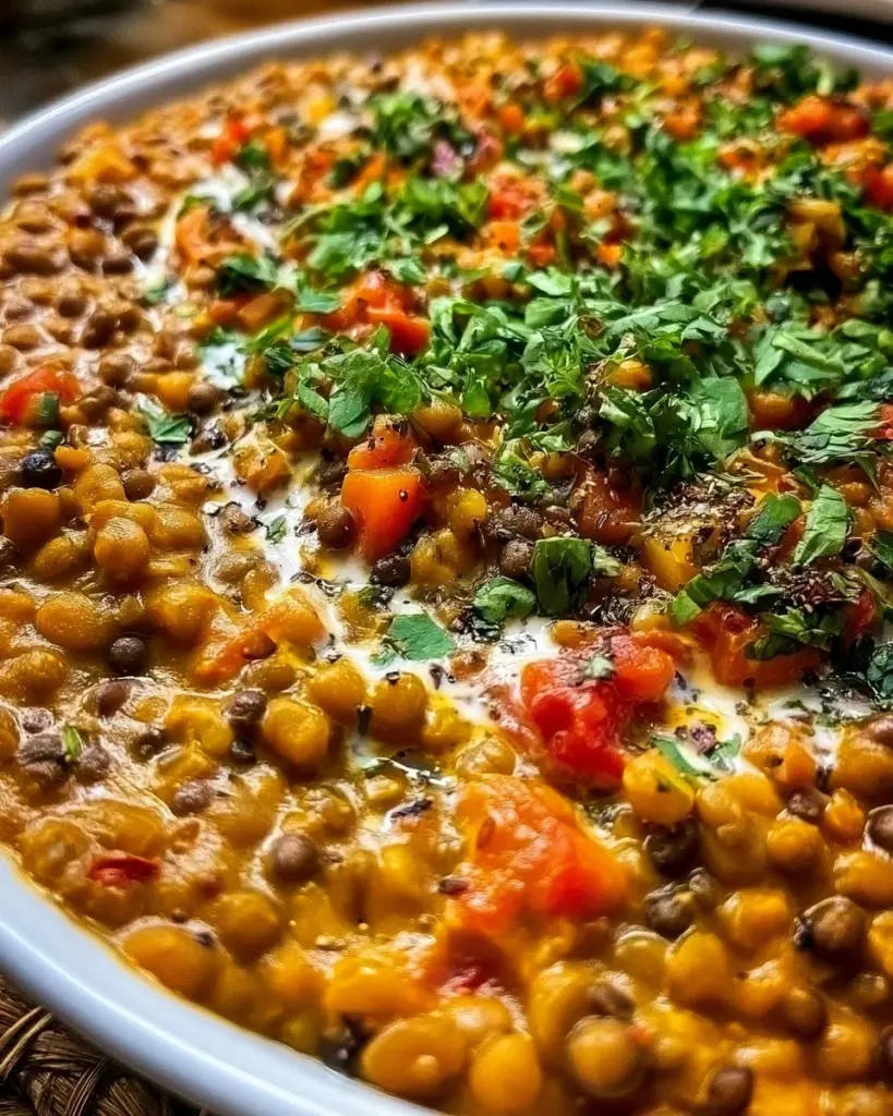 Schüssel mit cremigen Linsen, zubereitet mit frischen Zutaten