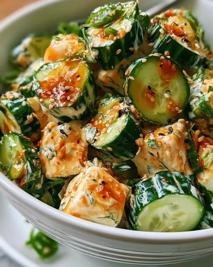 Cremiger Asiatischer Gurkensalat in einer Schüssel mit frischen Zutaten