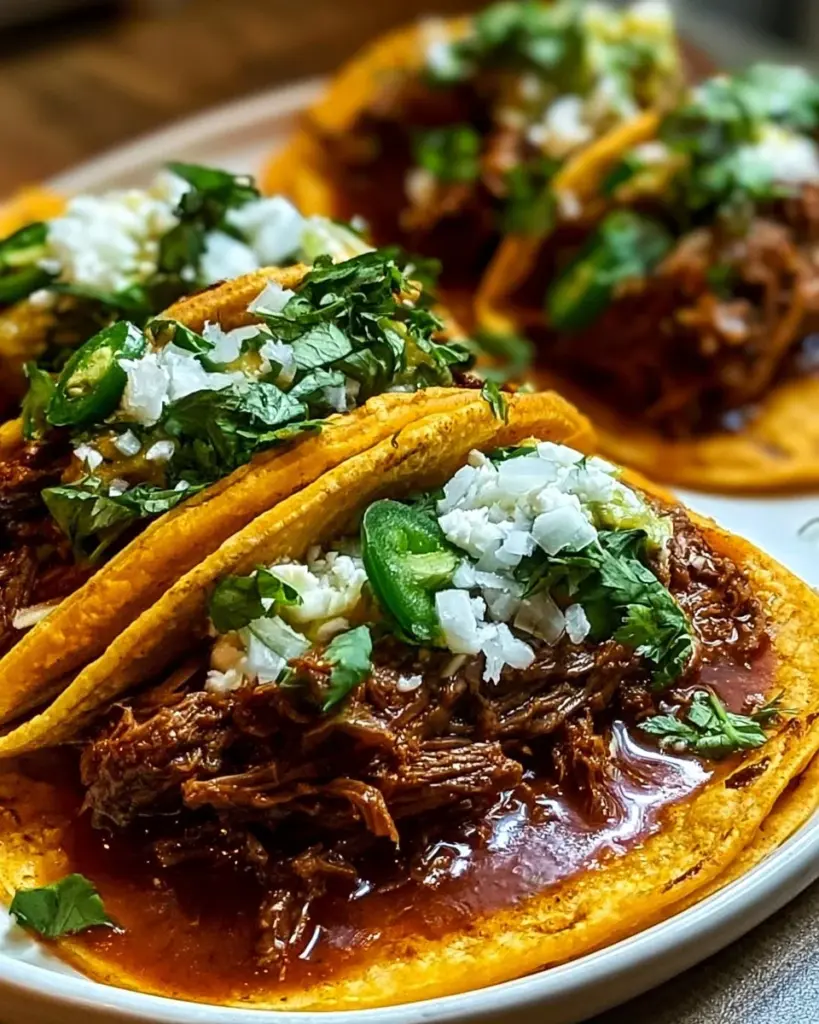 Crock-Pot Rindfleisch Birria Tacos mit frischen Zutaten serviert
