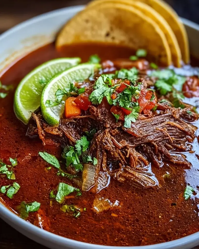 Crockpot-Birria für Tacos serviert in einer Schüssel mit frischen Zutaten