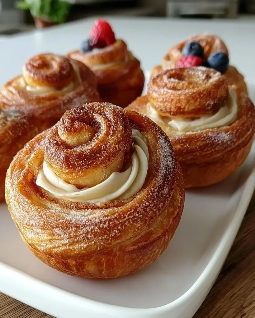 Leckere Cruffins auf einem Holzbrett mit frischem Obst und Puderzucker dekoriert.